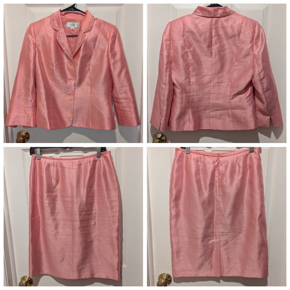Coquette Pink Shantung Skirt Set Le Suit Petite 8P Embellished Jacket Office O